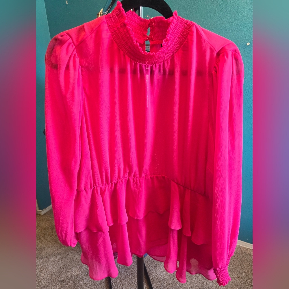 Torrid Pink Ruffled Long Sleeve Blouse with Mandarin Collar